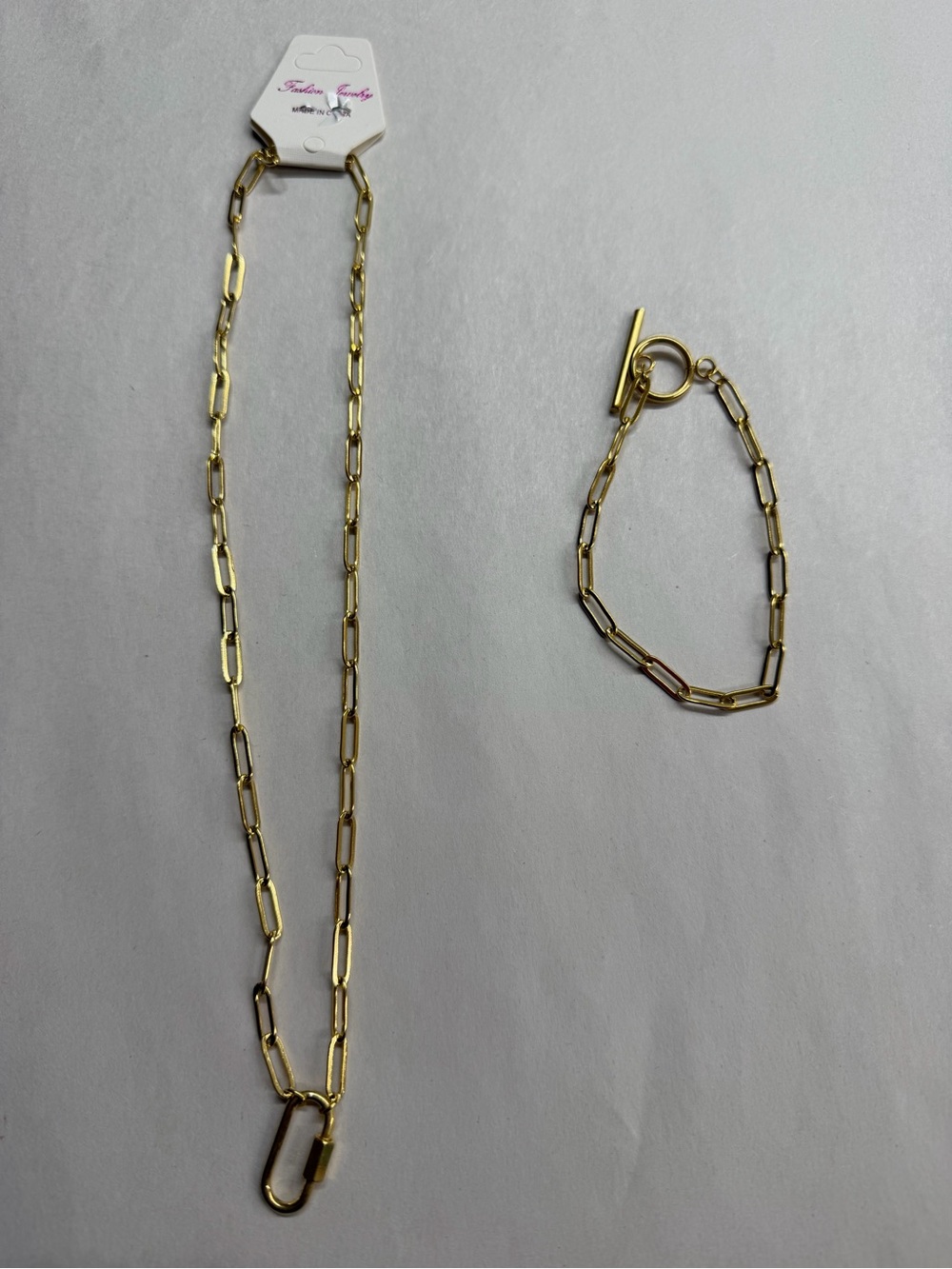 Fashion Jewelry Gold Paperclip Chain Necklace and Bracelet Set